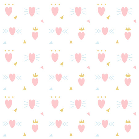 Cute seamless pattern with pink hearts blue wing and golden crowns. Vector illustration.のイラスト素材