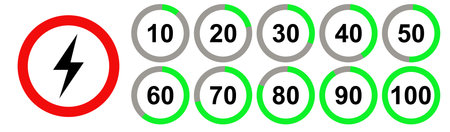 Electricity icon with green and red circle symbols isolated on white background. Pie chart 0-100 icons. vector illustration.のイラスト素材