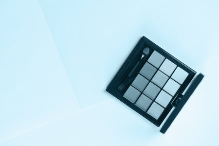 Pallet shadows for applying face on blue background. Eye shadow and eyeliner. Womens beauty.の写真素材