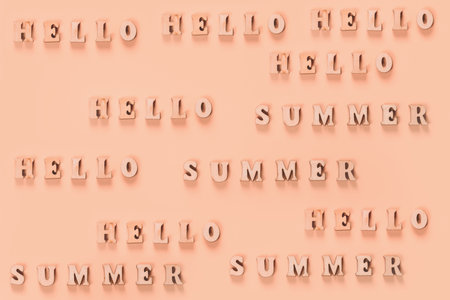 Text from wooden letters Hello summer on an orange background. Summer time concept. New season. Summer greeting. Pattern.の写真素材
