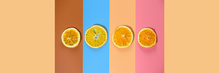 Layout of dried oranges on color background. Banner.の写真素材