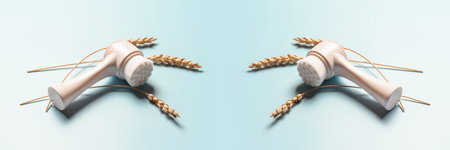 Facial brush with wheat spike on blue background. Banner.の写真素材