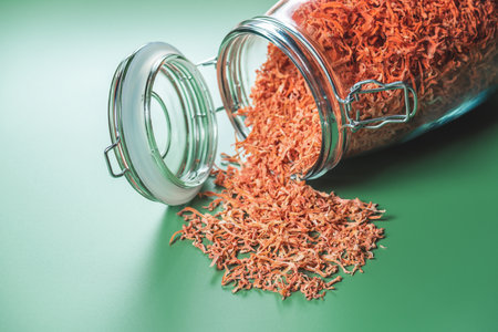 Dried carrots in glass jar for cooking. Vegetable drying in dehydrator. Healthy and healthy food.の写真素材