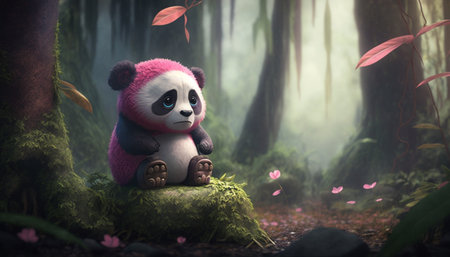 Panda sitting on the moss in the forest. 3d renderingの素材