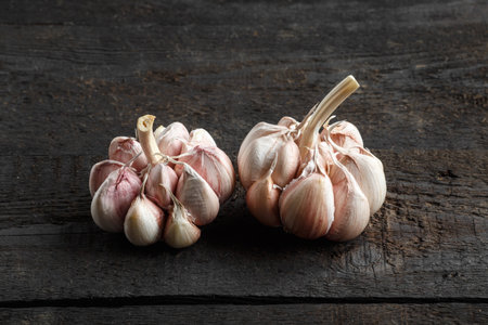 Garlic on the background of a dark wooden tableの写真素材