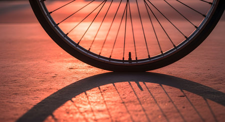 Bike wheel close up and shadow. Orange tone creating warm reflection.の素材