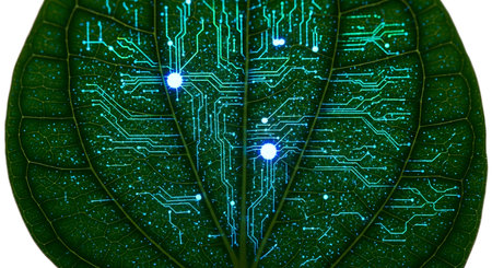 Green leaf and circuit board. High technology bio science concept.の素材