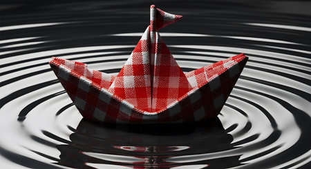 Paper boat origami floating. Red and white checkered pattern on water.の素材