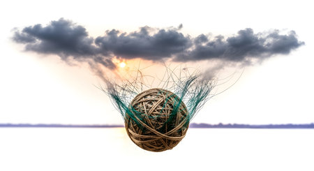 Surreal globe suspended. Sunset cloud and horizon. Nature technology earth environmentalの素材