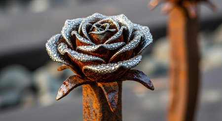 Metal rose sculpture. Rusty metal flower covered dewdrops, sunset timeの素材
