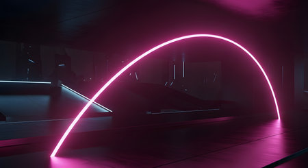 Neon pink arch. Sleek dark surface. Futuristic interior light.の素材