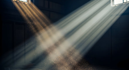 Light beams illuminating. Dreamlike atmosphere with window rays in room.の素材