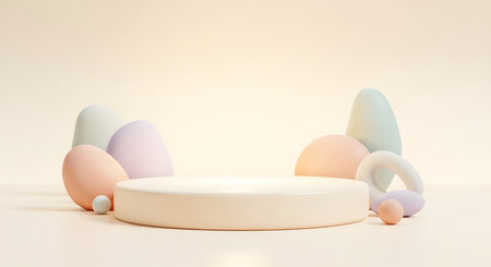 Product display podium. Abstract shapes on cream background. Cosmetic ads.の素材