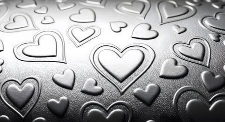 Embossed silver hearts pattern on surface for elegant background designの素材
