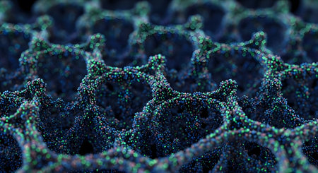 Mesh with spheres. Blue and green structure. Technology dark backdropの素材