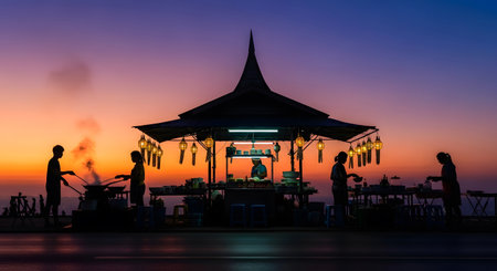Silhouette food stall Thailand at dusk with people preparing serving meals street.の素材