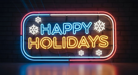 Happy holidays neon sign snowflakes festive season celebration decorationの素材