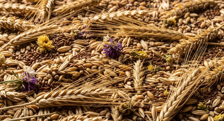Wheat grains and seeds are arranged for use as background or designの素材