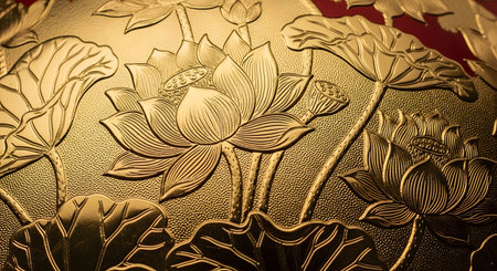 Gold lotus flower close up shot. Luxury spa aromatherapy background.の素材