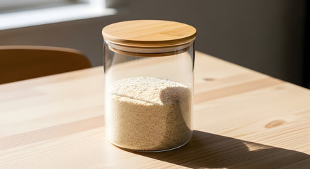 Glass jar with wood lid. Grain storage. Kitchen organization.の素材