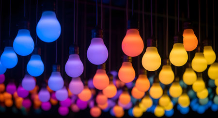 Hanging bulbs. Colorful lights create festive ambiance in lighting decor.の素材