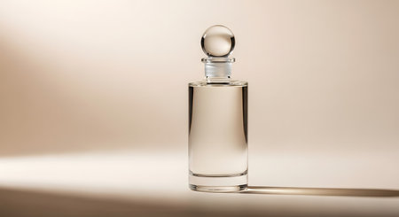 Decanter bottle on beige. Elegant glass container for cosmetic product.の素材