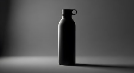 Matte black water bottle. Sleek minimalist design against gray backdrop.の素材