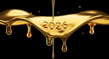 Celebrate year and metallic liquid surface. Golden splash inscription.の素材