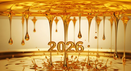 Illustration gold year. Dripping liquid metal splashes future creative background.の素材