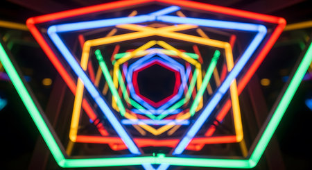Neon light tunnel with shapes. Futuristic visual display pattern.の素材
