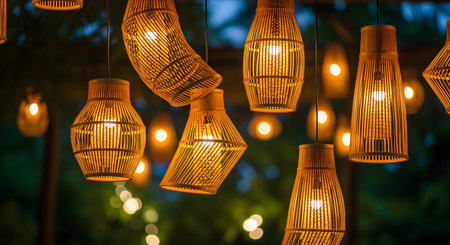 Collection rattan lamps with sizes and shapes. Ambiance with rustic appearance.の素材