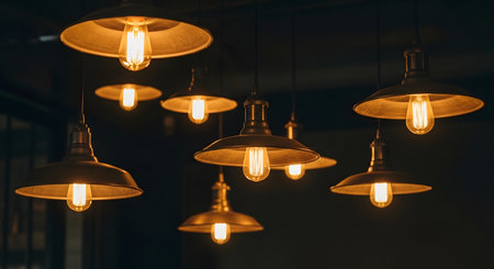 Pendant lights illuminating interior and providing light. Room decor with decorative bulbs.の素材