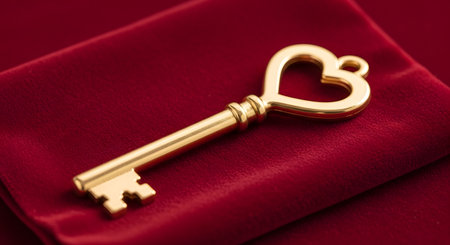 Golden heart shaped key on red velvet fabric. Antique vintage object.の素材