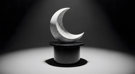 Marble crescent moon sculpture. Pedestal against grey background. Islam symbol.の素材