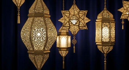 Glowing ramadan lanterns. Ornate holiday lights. Festive ambience for celebrationの素材