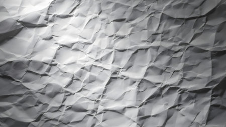 Crumpled white paper background. Dramatic shadows and highlights. Distressed textured surface. Artistic abstract design elements. Wrinkled paper sheet. Gray and white tones.の素材