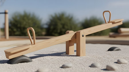 Wooden seesaw on playground. Gravel ground. Blurred background. Trees under clear sky. Sunny day. Leisure and fun for children. Outdoor activity.の素材