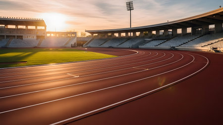 Athletics stadium at sunset. Empty running track. Green grass field. Golden light on stands. Sports competition venue.の素材