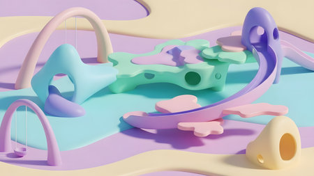 Abstract pastel playground; wavy platforms; slides swings tunnels; soft minimal design; children's play area; bright invitingの素材