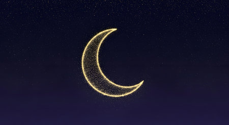 Gold glittering crescent moon and starry night sky. Vector illustrationの素材