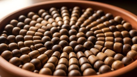 Wooden beads in bowl. Circular pattern. Indoors. Close up view.の素材