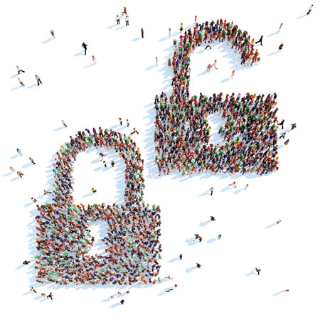 Large group of people in the form of locks. White background.の写真素材
