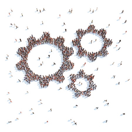 Large group of people in the form of gears. White background.の写真素材