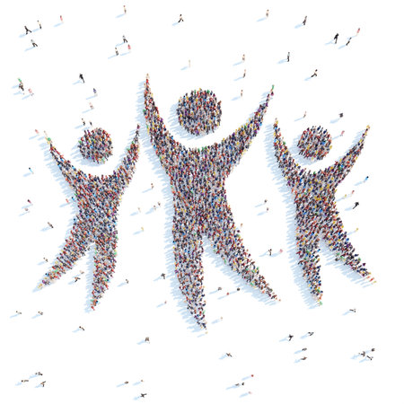 Large group of people in the form of mans. White background.