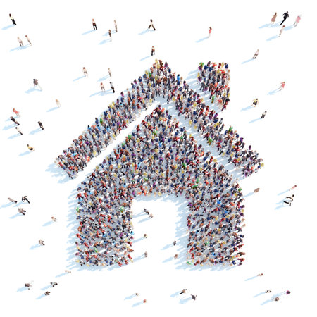 A large group of people in the shape of a house. White background.の写真素材