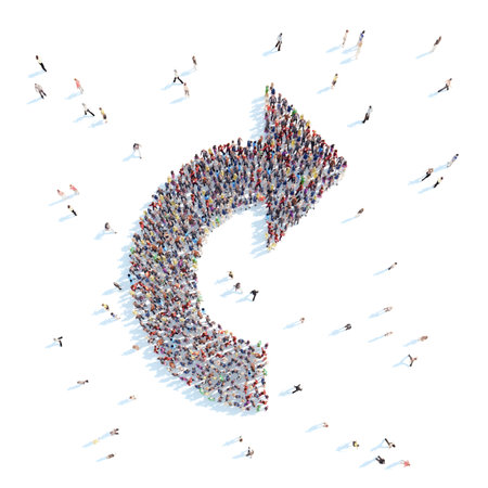 Large group of people in the form of arrows symbolizing the direction .White background.
