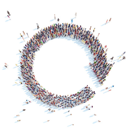 Large group of people in the form of arrows symbolizing the direction .White background.の写真素材