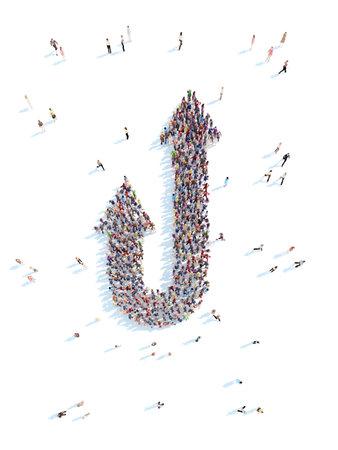 Large group of people in the form of arrows symbolizing the direction .White background.の写真素材