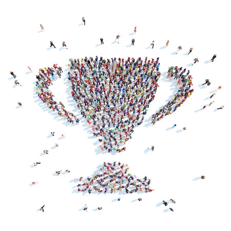 Large group of people in the form of a cup, a symbol of the award. Isolated, white background.の写真素材