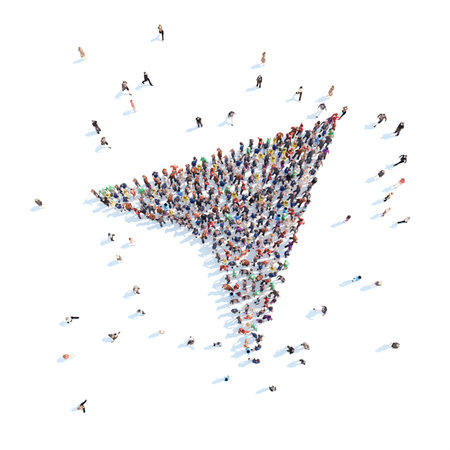 Large group of people in the form of a compass needle. Isolated, white background.の写真素材